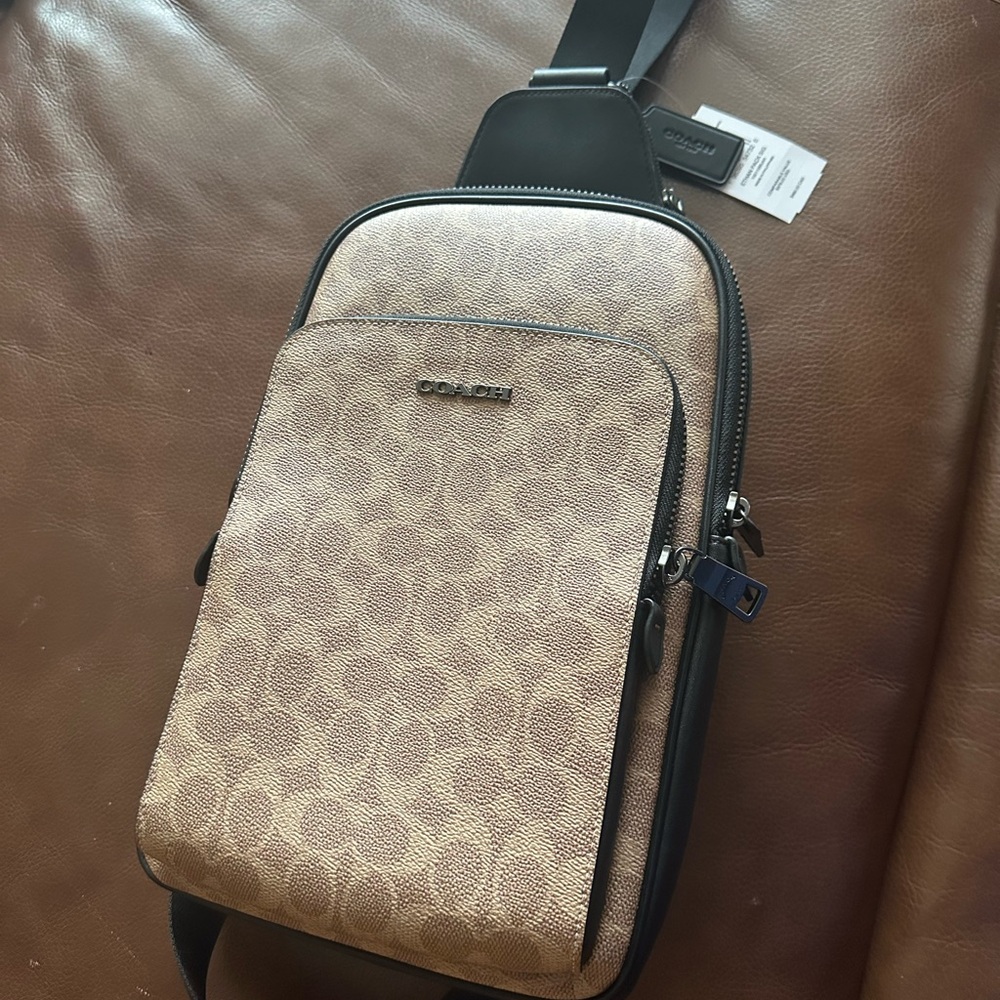 Coach Tan and Black Belt Bag with Interlocking Pattern